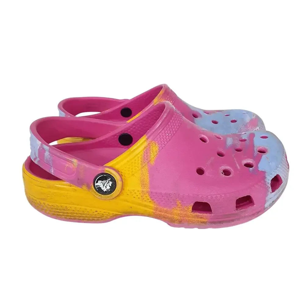 Crocs Clogs Juniors 1 Pink Tie Dye Swirl Water Shoes Summer Slip On Comfort